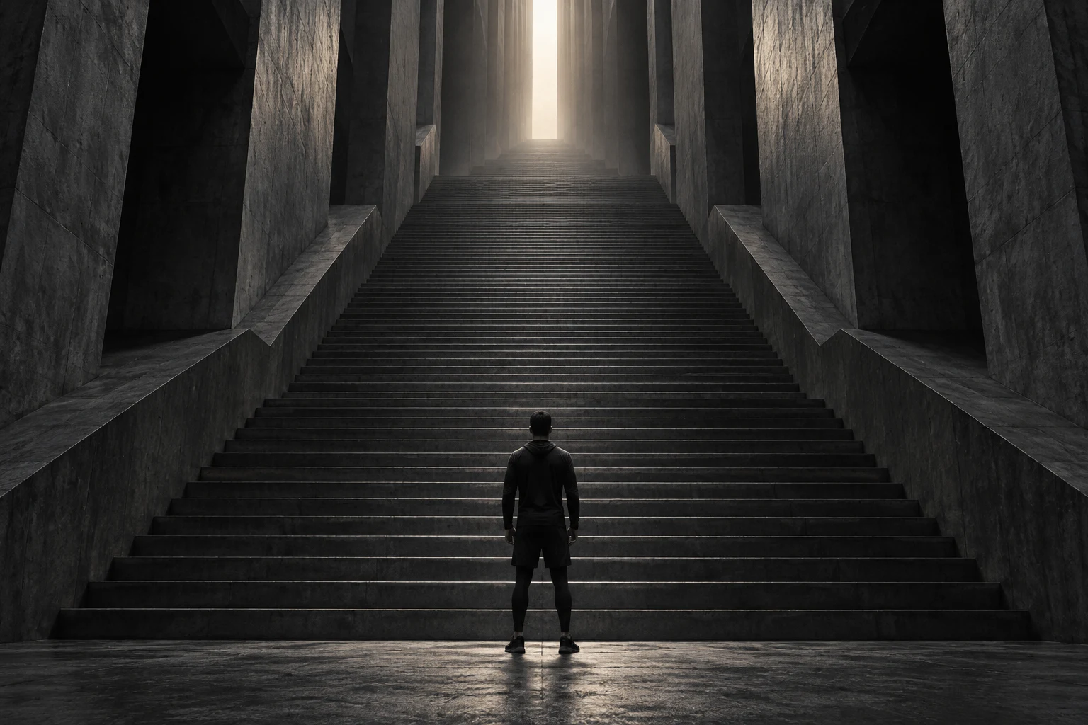 Lone athlete beneath monumental concrete stairs